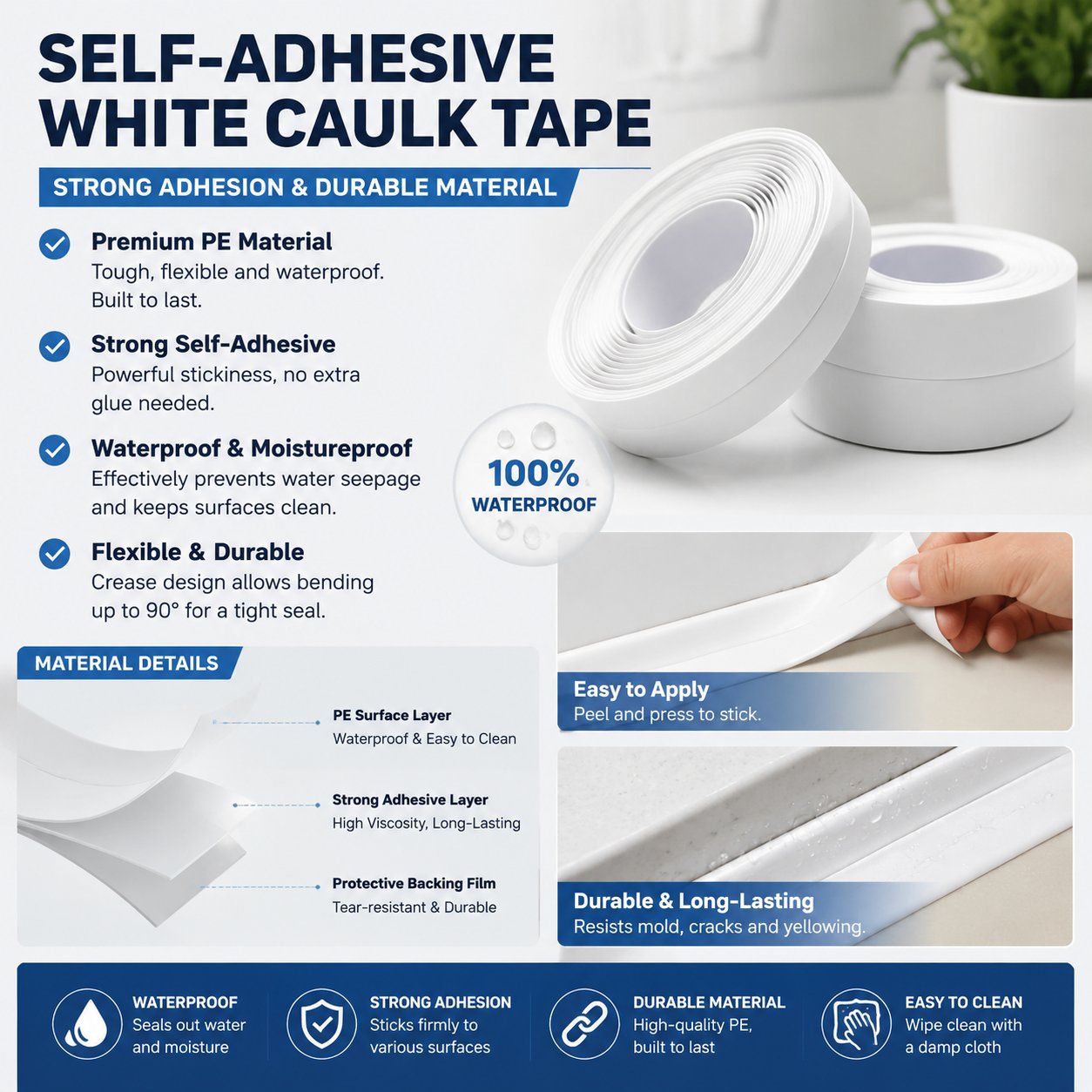 🚰 Self-Adhesive White Caulk Tape – PE Waterproof Sealant Strip, 3.2M Length, Strong Adhesion, Easy-to-Apply for Bathroom & Kitchen Edge Protection