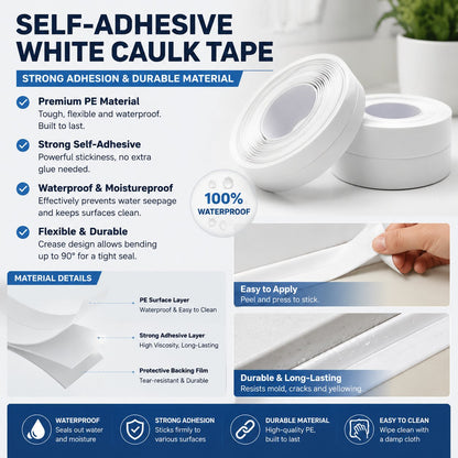 🚰 Self-Adhesive White Caulk Tape – PE Waterproof Sealant Strip, 3.2M Length, Strong Adhesion, Easy-to-Apply for Bathroom & Kitchen Edge Protection